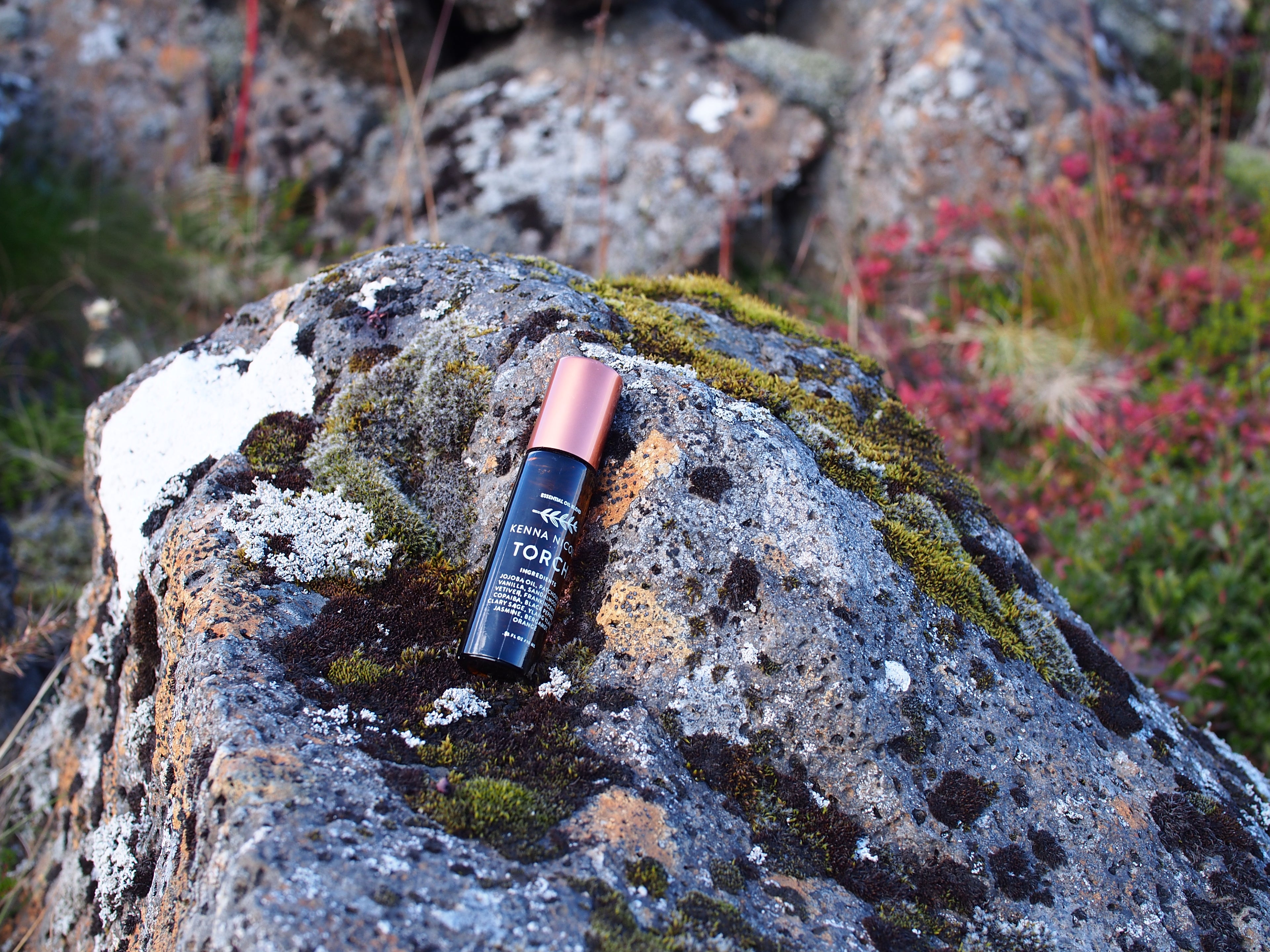 Torch essential oil blend on a mossy rock
