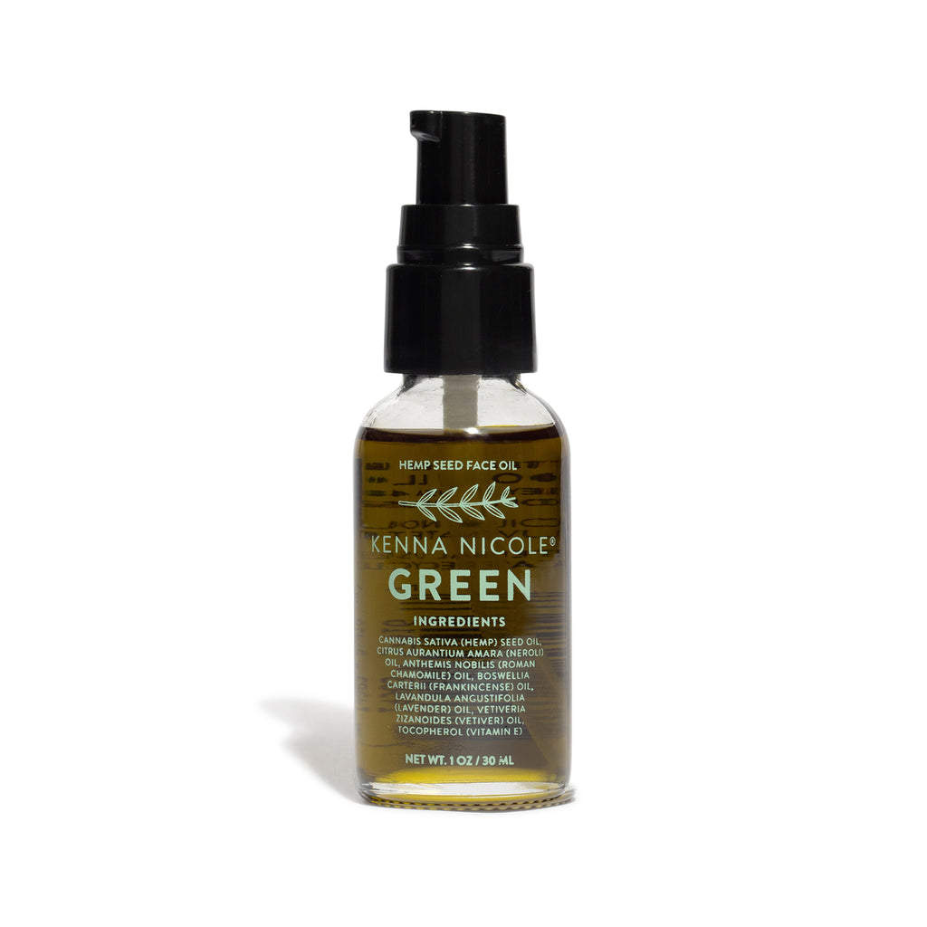 Kenna Nicole Green hemp seed face oil bottle on a white background
